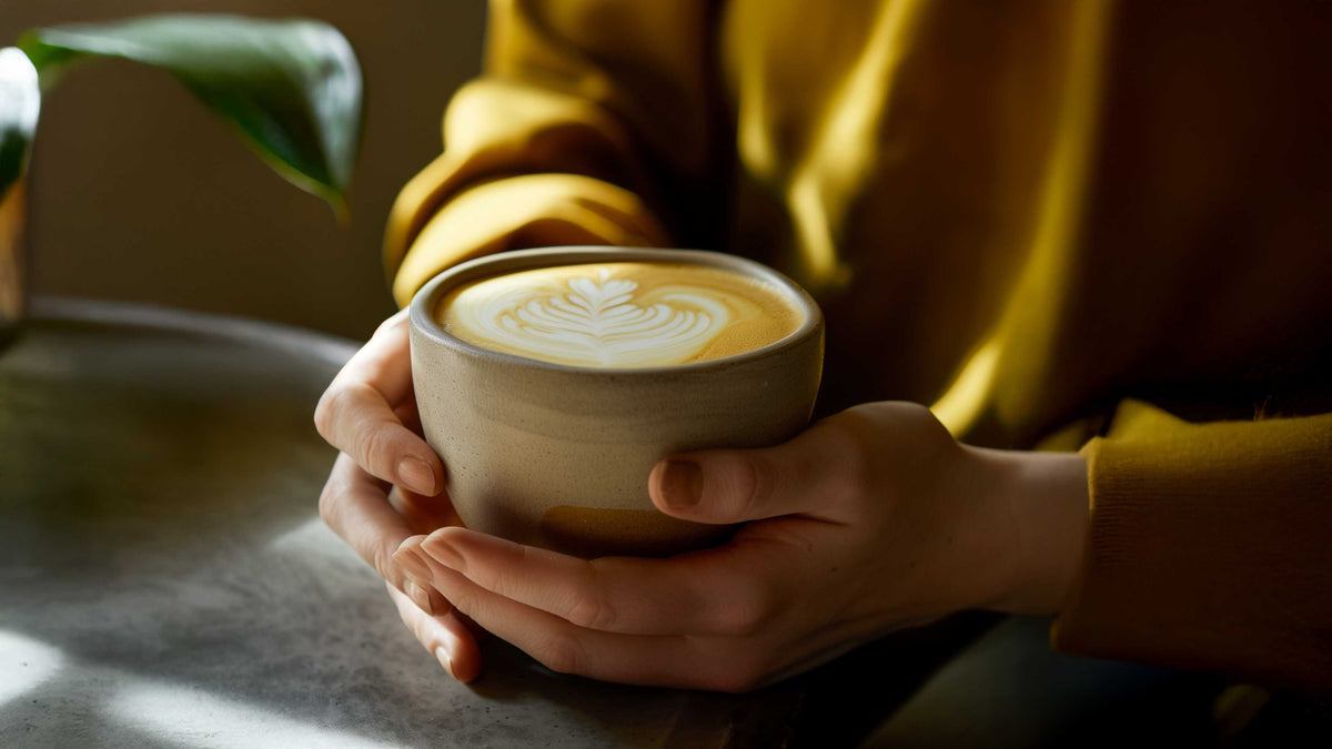 Hands holding a ceramic cup of coffee